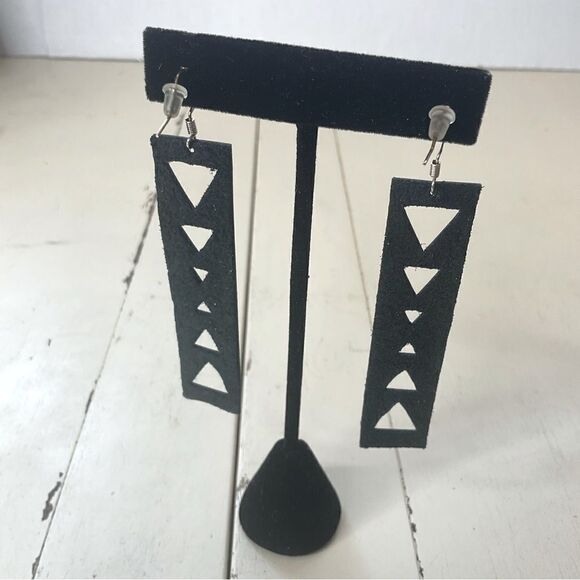 LEATHER Earrings Handmade Rectangle Black Triangle Cutouts - Picture 3 of 4
